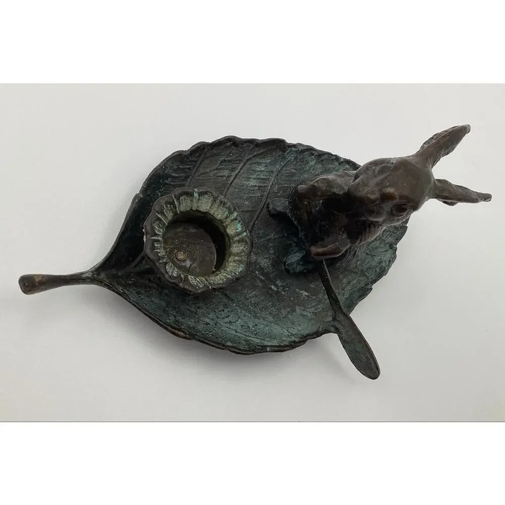 Vintage Bronze Bunny Rabbit Paddling Leaf Candle Holder Verdigris Patina